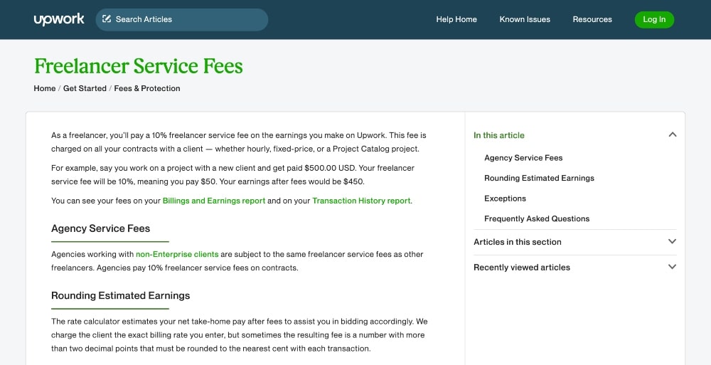 captura de pantalla de las tarifas de servicio Upwork Freelancer