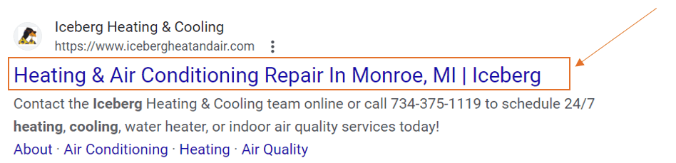 Une capture d'écran de Google d'un site Web sur le SERP montrant la balise de titre.