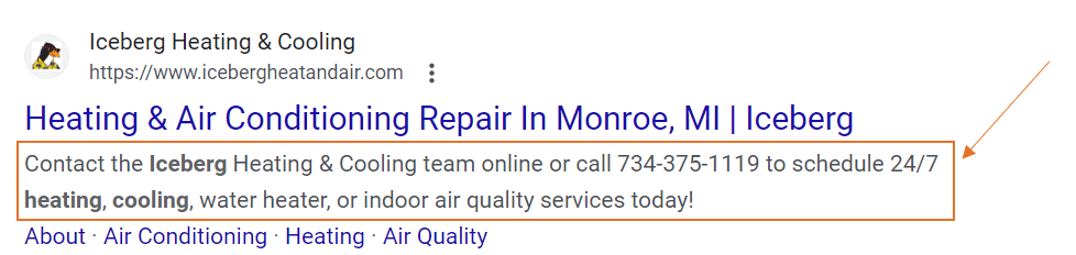 Une capture d'écran de Google d'un site Web sur le SERP montrant la méta description.