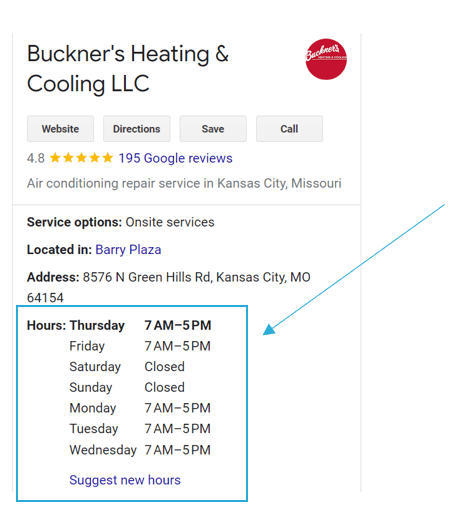 Un GBP montrant comment les heures d'ouverture sont répertoriées.
