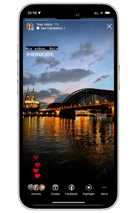 Przykład historii z Instagrama wyświetlany na iPhonie