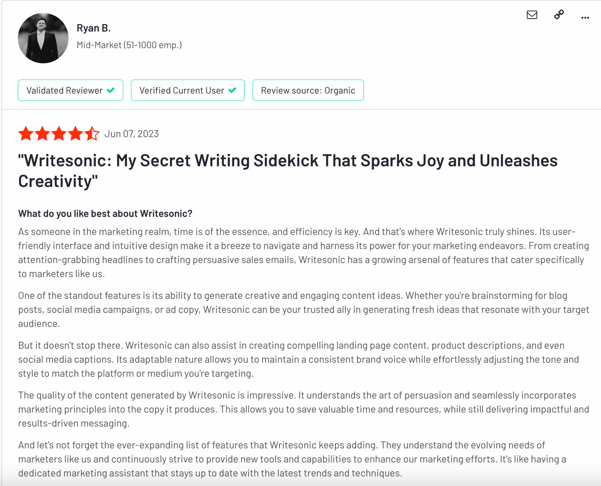 G2 に関する Writesonic レビュー - 生成 AI ツール