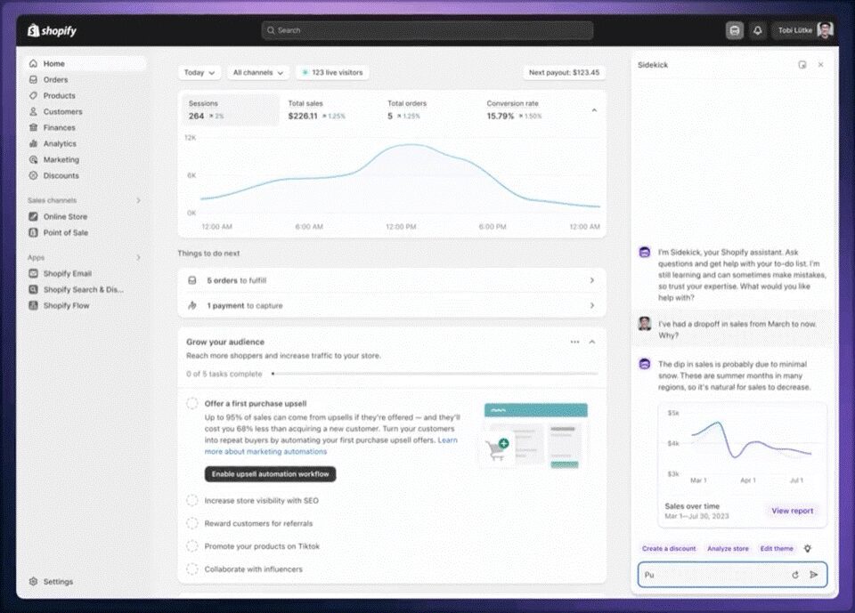 Schermata dimostrativa di Shopify Sidekick