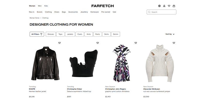 Farfetch-Produktkatalogseite