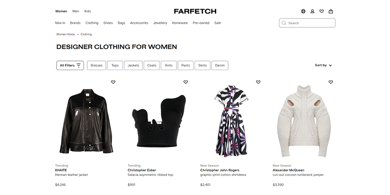 Página del catálogo de productos de Farfetch