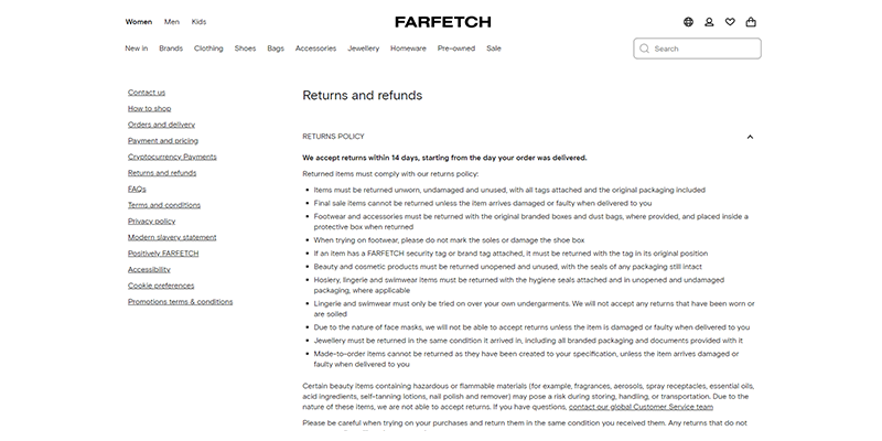 Politica di restituzione di Farfetch