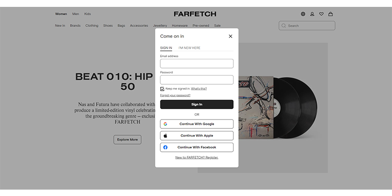 Página de registro de Farfetch
