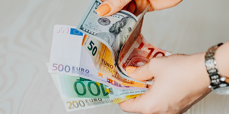 Due mani che contano le banconote in euro e in dollari
