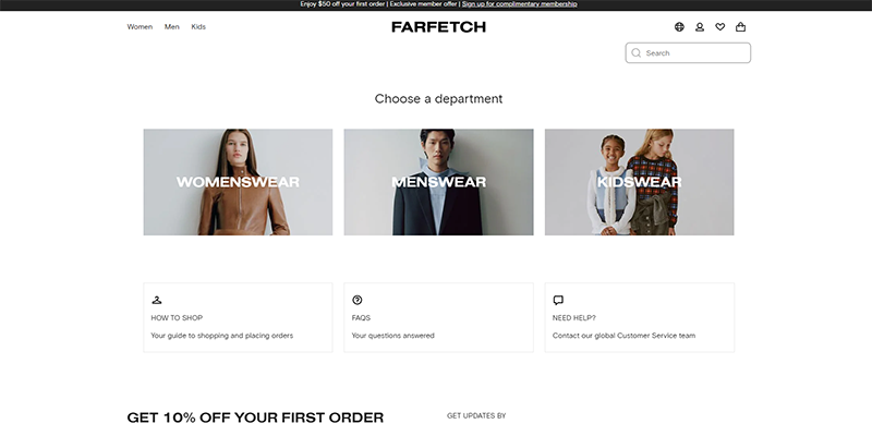 Farfetchのホームページ