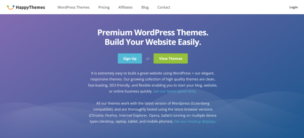 10+ En İyi WordPress Tema Sağlayıcıları (Güncellenmiş liste) 17 happythemes homepage