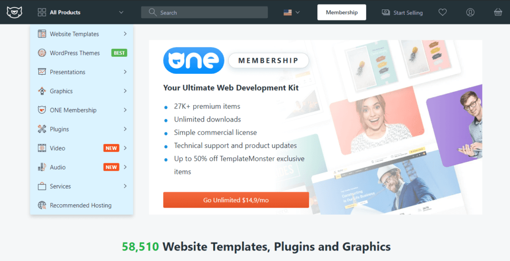 10+ En İyi WordPress Tema Sağlayıcıları (Güncellenmiş liste) 18 templatemonster homepage