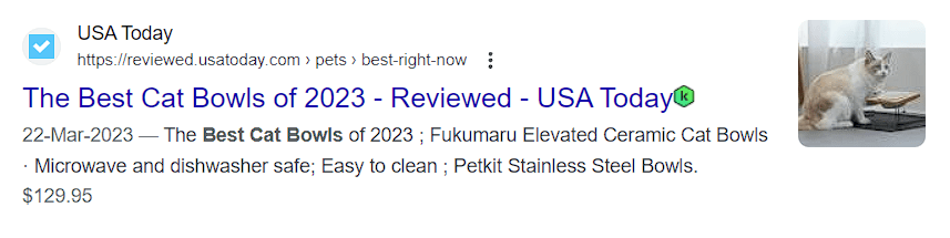 "En iyi kedi mama kabı" arandığında ortaya çıkan ilk sonucun ekran görüntüsü