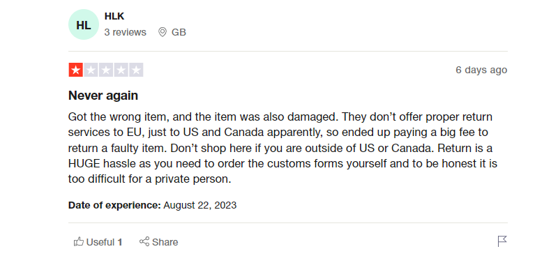 SSense ส่งคืนการตรวจสอบ Trustpilot