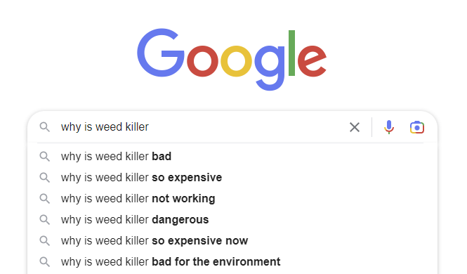 Capture d'écran de la saisie automatique de Google pour la question "Pourquoi est-ce un désherbant". Les réponses remplies automatiquement sont pour la plupart négatives