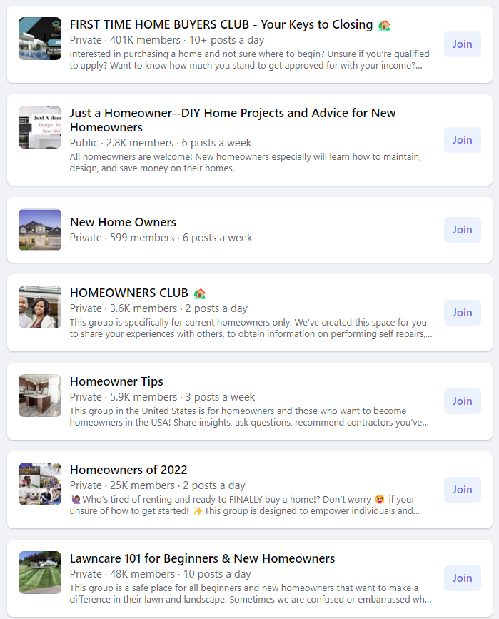 Capture d'écran de groupes Facebook destinés aux nouveaux propriétaires