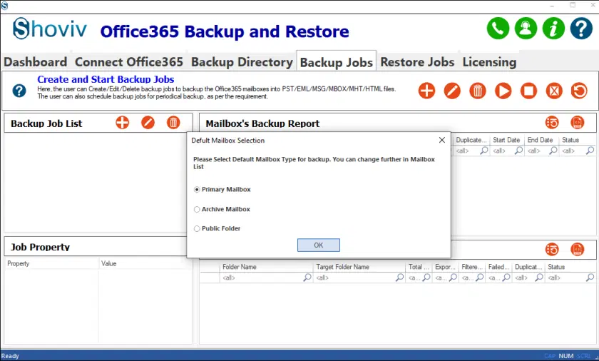 Fare clic sulla scheda dei processi di backup, scegliere il tipo di casella di posta e toccare il pulsante + per creare un nuovo processo di backup.