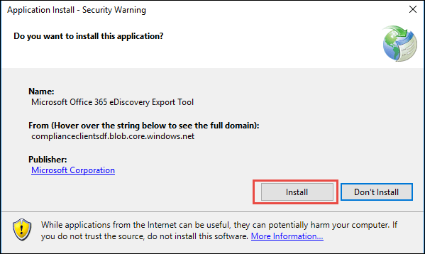 Fare clic sul pulsante Installa per scaricare lo strumento di esportazione eDiscovery.