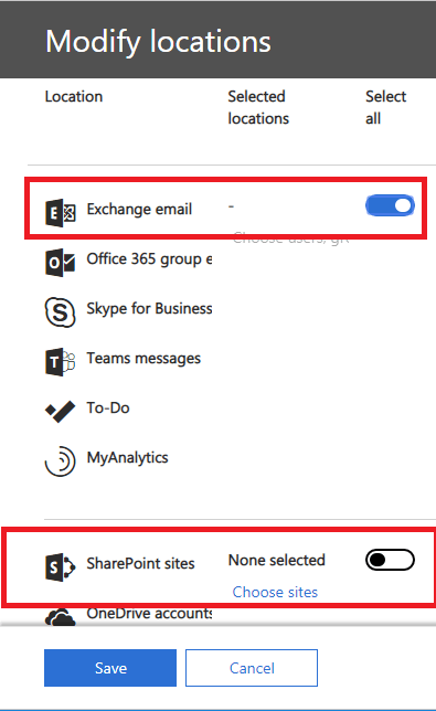 Scegli l'opzione del gruppo utenti per scegliere le e-mail o specificare le caselle di posta di Office 365 e puoi anche esportare i dati e le cartelle pubbliche di SharePoint consentendo l'opzione Cartelle pubbliche.