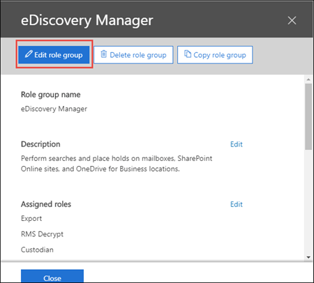 Fare clic sull'opzione Modifica gruppo di ruoli nella pagina eDiscovery Manager.