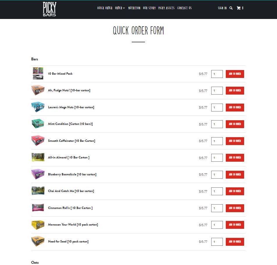 Picky Bars B2B-Schnellbestellliste