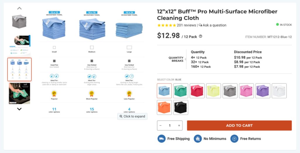 Maßgeschneiderte B2B-Produktseite für den Mikrofaser-Großhandel