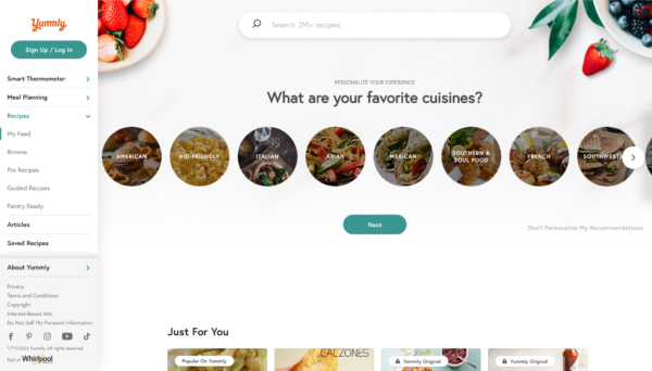 الصفحة الرئيسية لمحرك البحث yummly