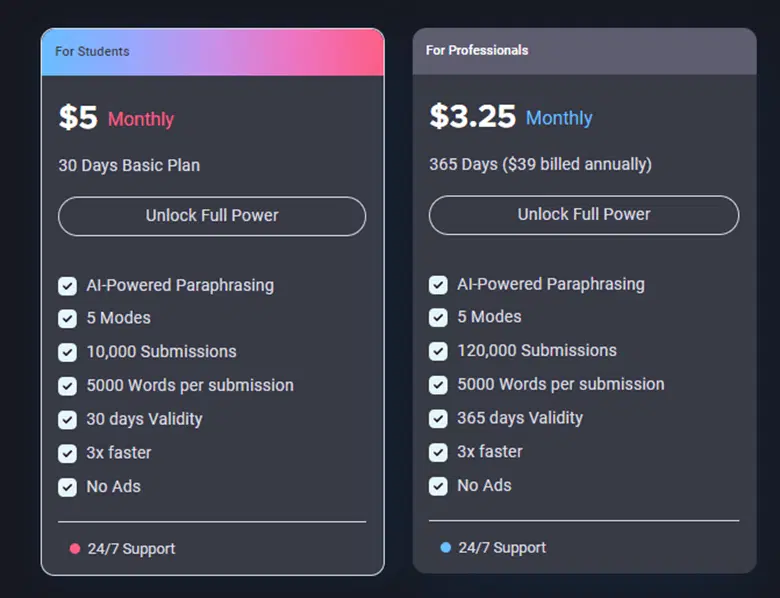 온라인 패러프레이징: 서비스 가격 페이지의 스크린샷입니다.