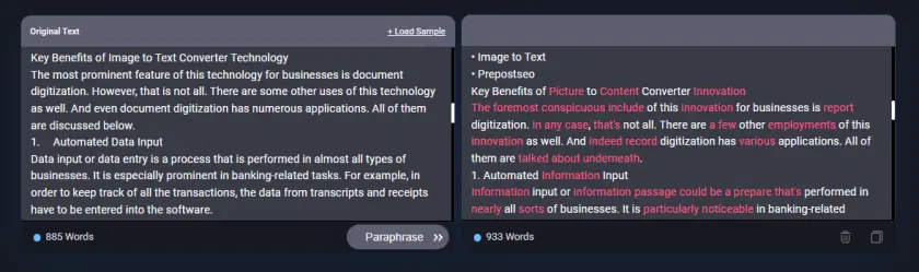Paraphrase Online: 모바일 장치의 텍스트 편집기 스크린샷입니다.