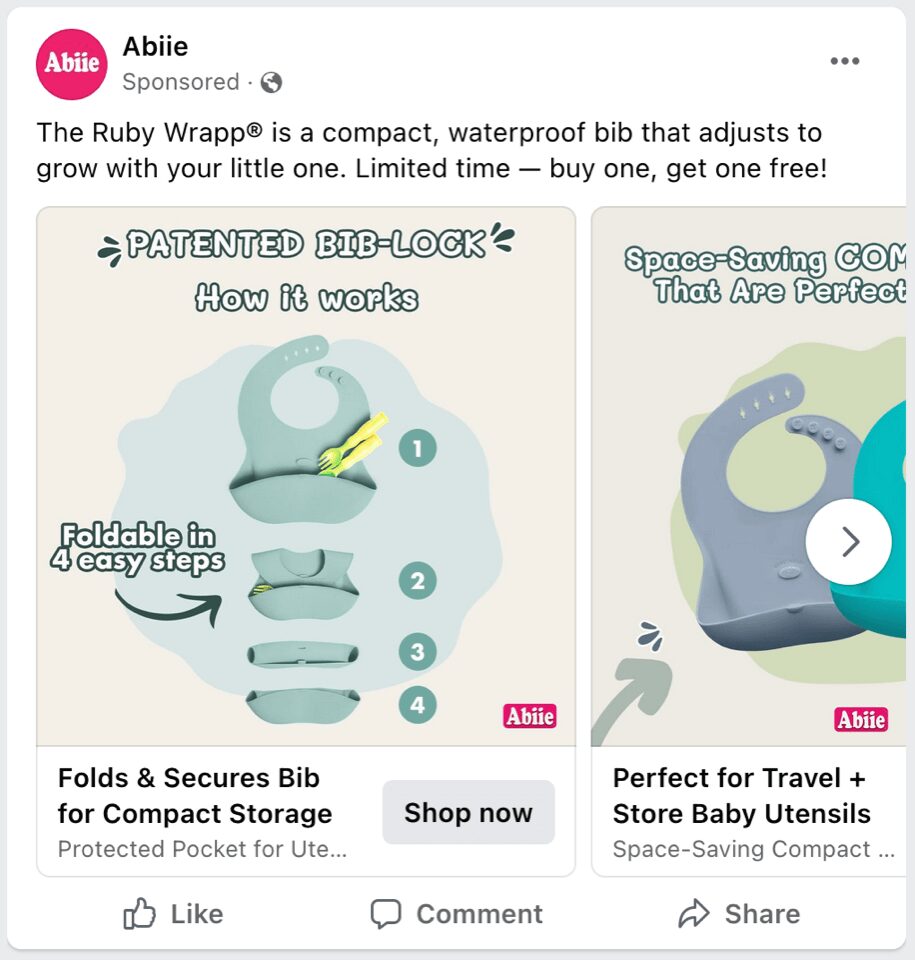 captură de ecran a unui cumpără unul obține un Meta anunț pentru bavete