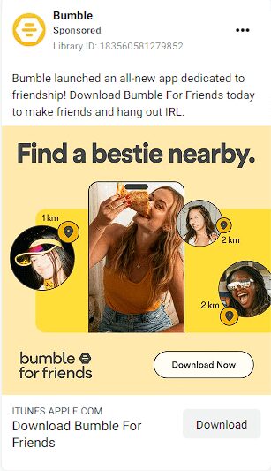 Реклама Bumble, рекламирующая функцию Bumble For Friends.