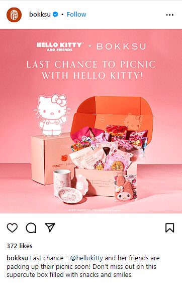 Un post sui social media di Bokksu che annuncia l'ultima possibilità di aggiudicarsi la scatola a tema Hello Kitty