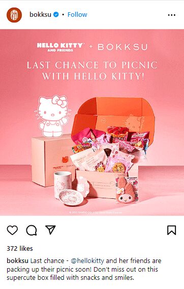 Una publicación en las redes sociales de Bokksu anunciando la última oportunidad de hacerse con su caja con temática de Hello Kitty.