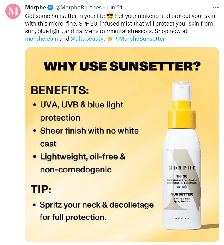 Un anuncio de Morphe promocionando su spray fijador Sunsetter en Twitter