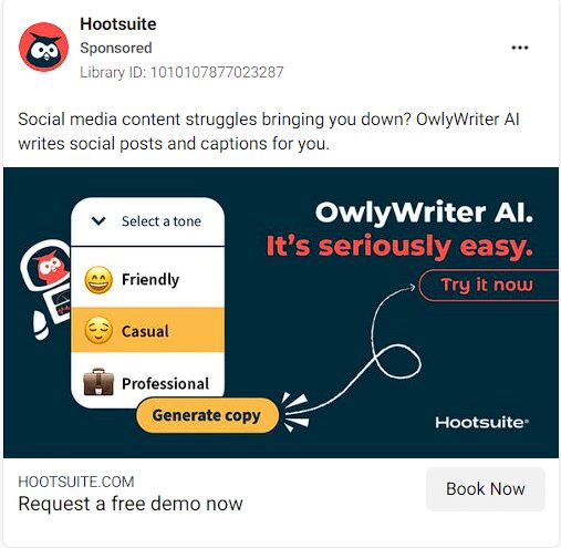 AI ライティング ツールを宣伝する Hootsuite の広告