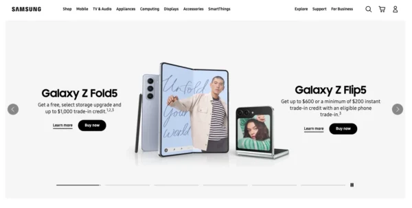 conteúdo visual aprimorado site da Samsung