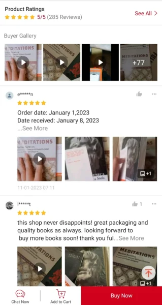 comentários na página de transação do produto no shopee