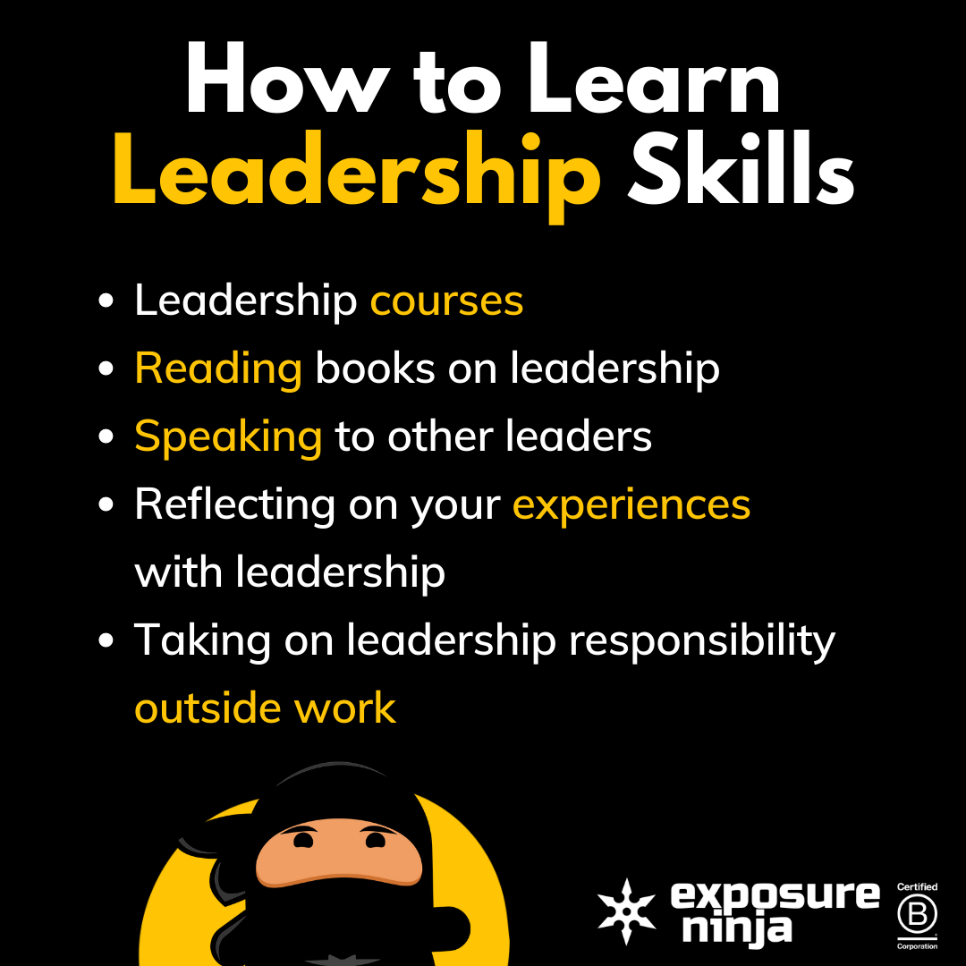 リーダーシップ スキルを学ぶ方法に関する図。上記と同じポイントがリストされています。