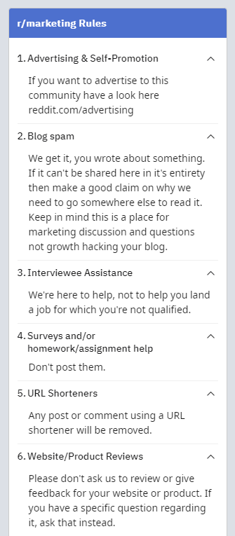 r/marketing サブレディットのルールのスクリーンショット