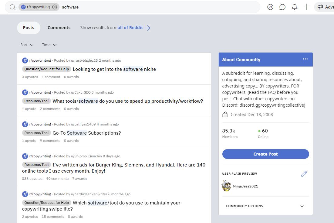 r/copywriting サブレディットで「software」を検索したスクリーンショット