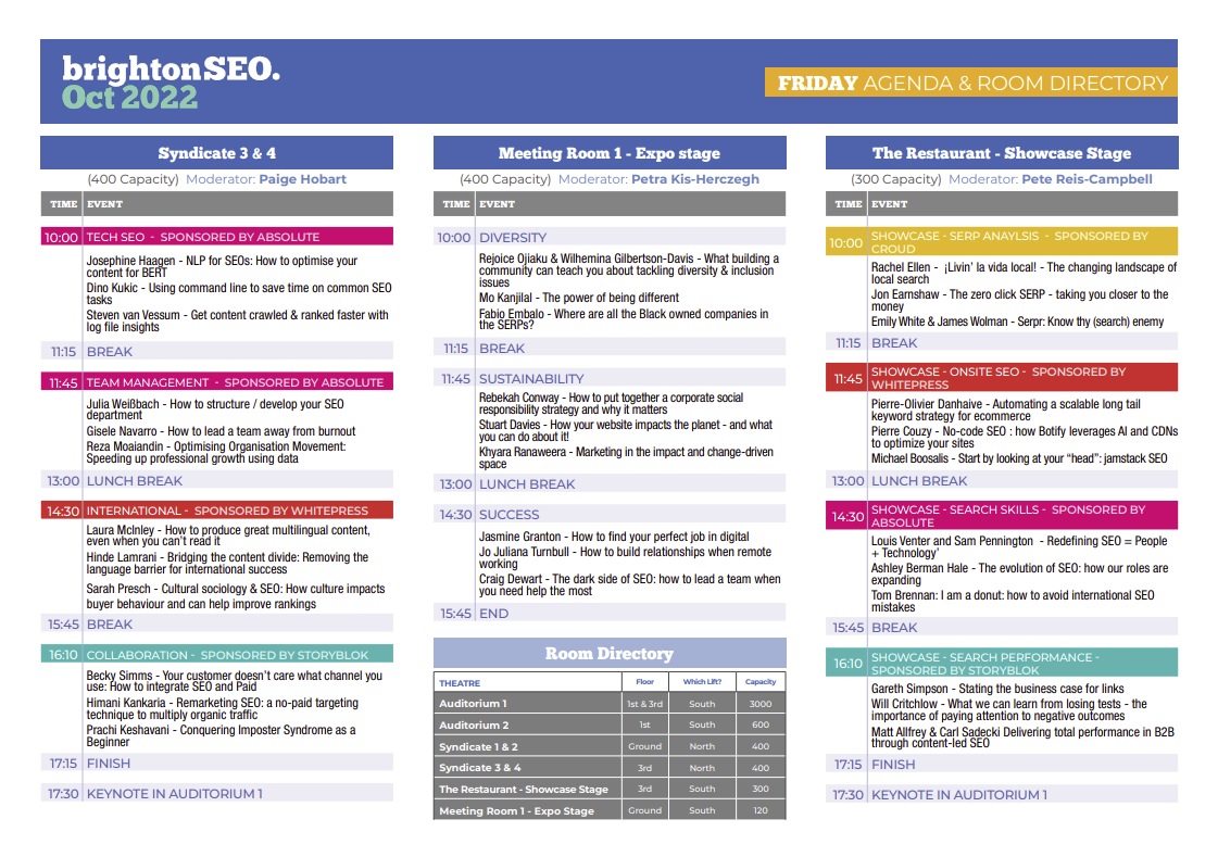 ブライトン SEO イベント スケジュールのスクリーンショット。数日に渡ってイベントが盛り沢山