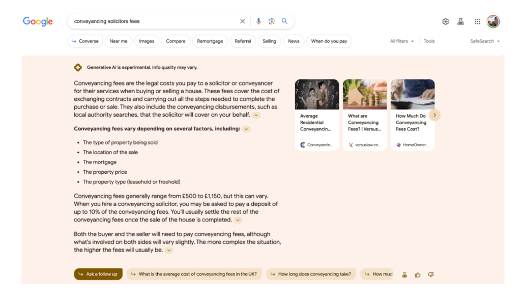 Google の検索生成エクスペリエンスのスクリーンショットの例。