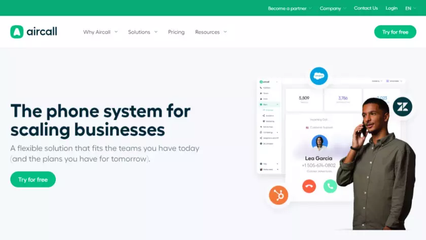 Captura de tela do site do Aircall Business Phone System.