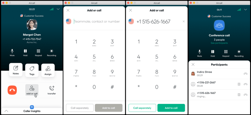 Iniciando uma chamada em conferência no sistema telefônico comercial Aircall.