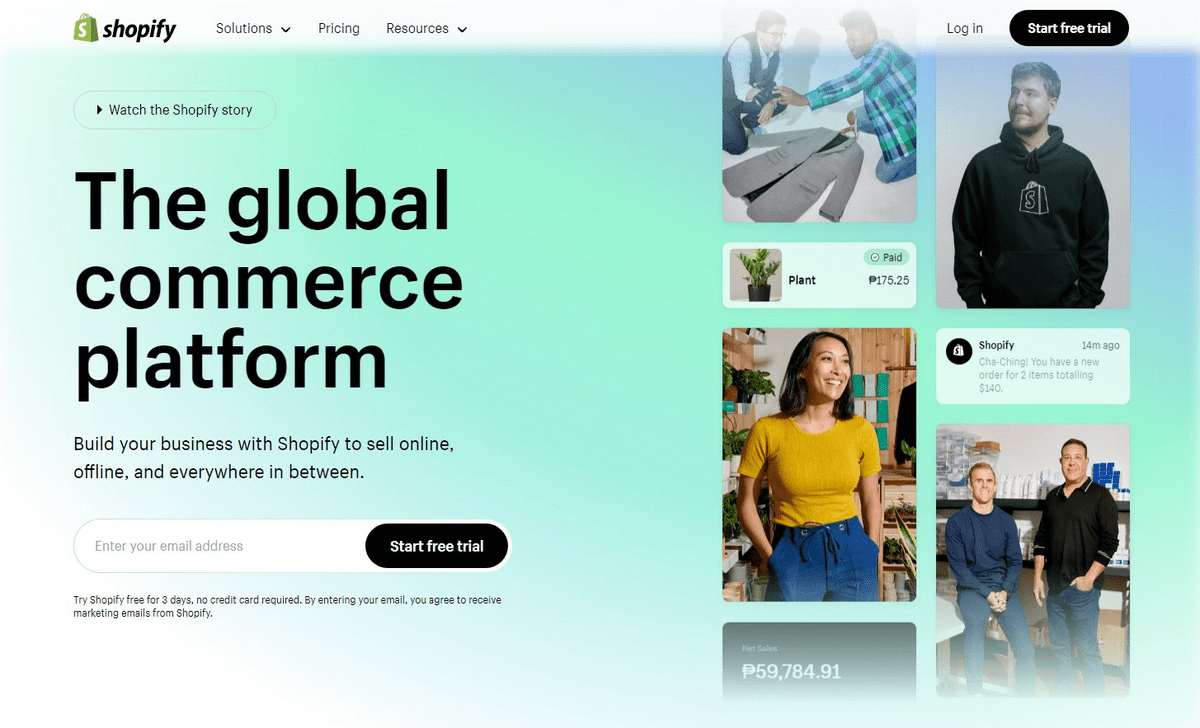 Capture d'écran de la page d'accueil de Shopify