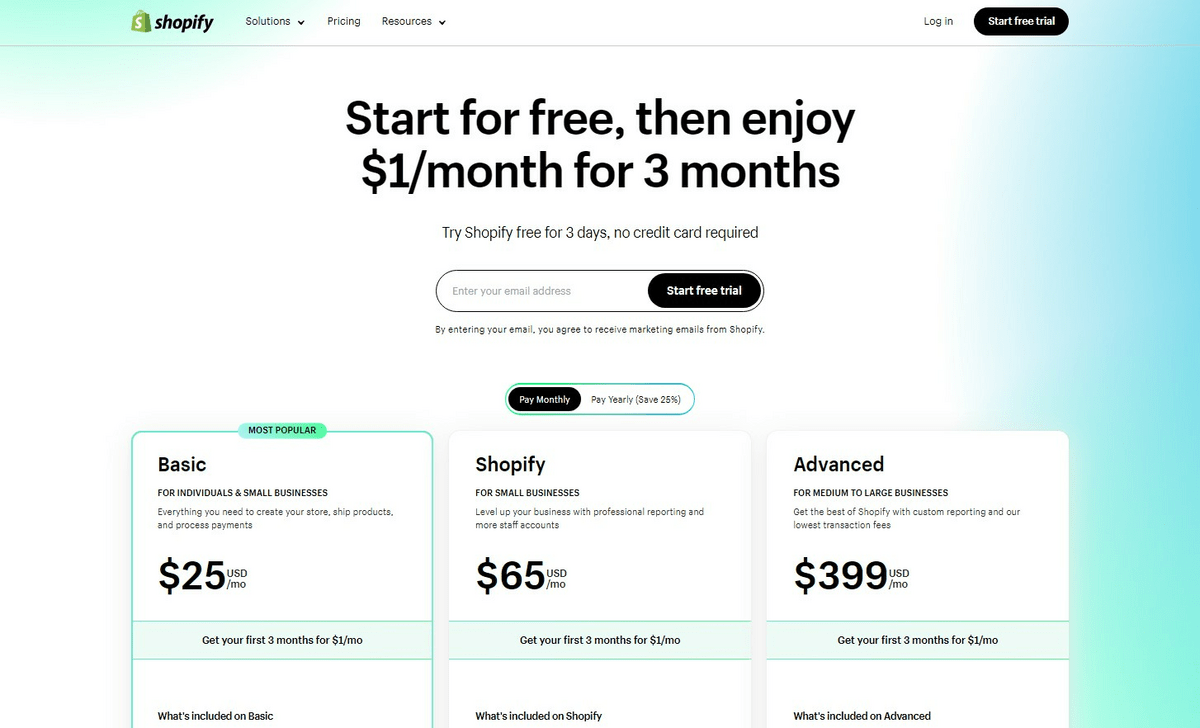 Page de tarification de Shopify montrant ses différents plans d'abonnement
