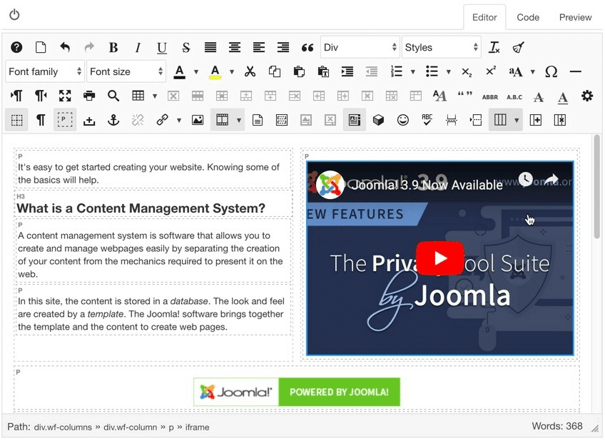 Capture d'écran de l'éditeur JCE pour Joomla