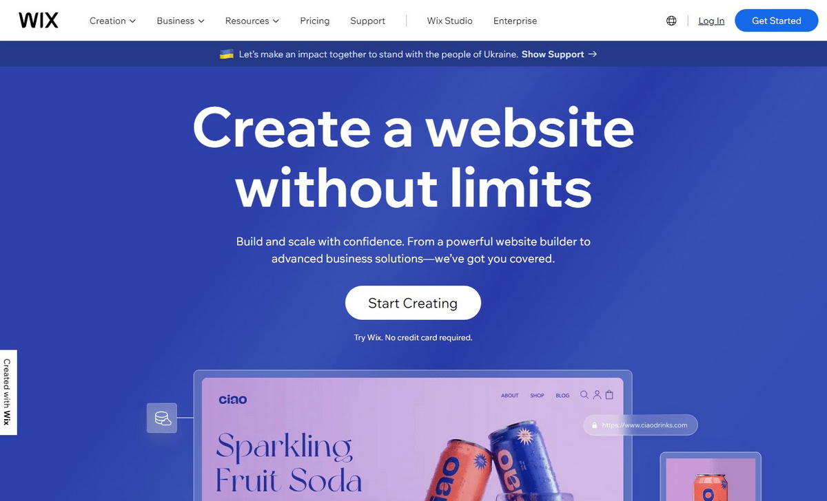 Capture d'écran de la page d'accueil de Wix