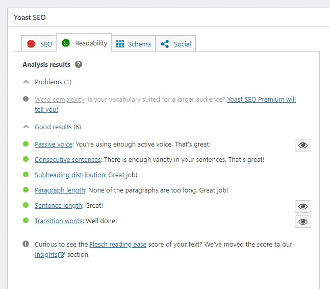 Capture d'écran d'un rapport Yoast SEO sur un article