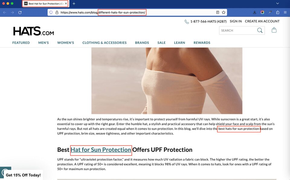 Captură de ecran a unei postări de blog optimizată pentru cuvântul cheie „pălărie pentru protecție solară”.