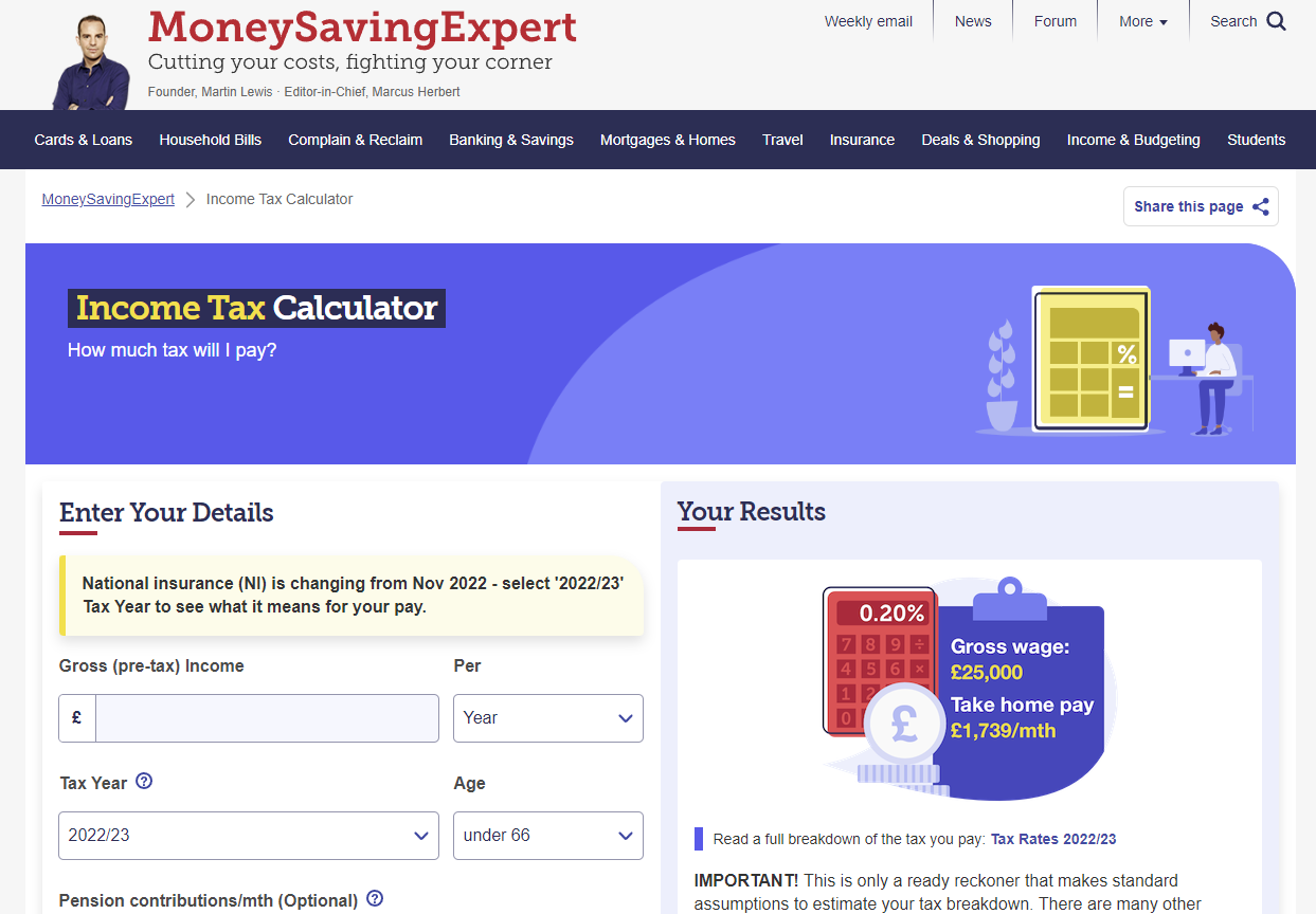 Gelir vergisi hesaplayıcısının ekran görüntüsü